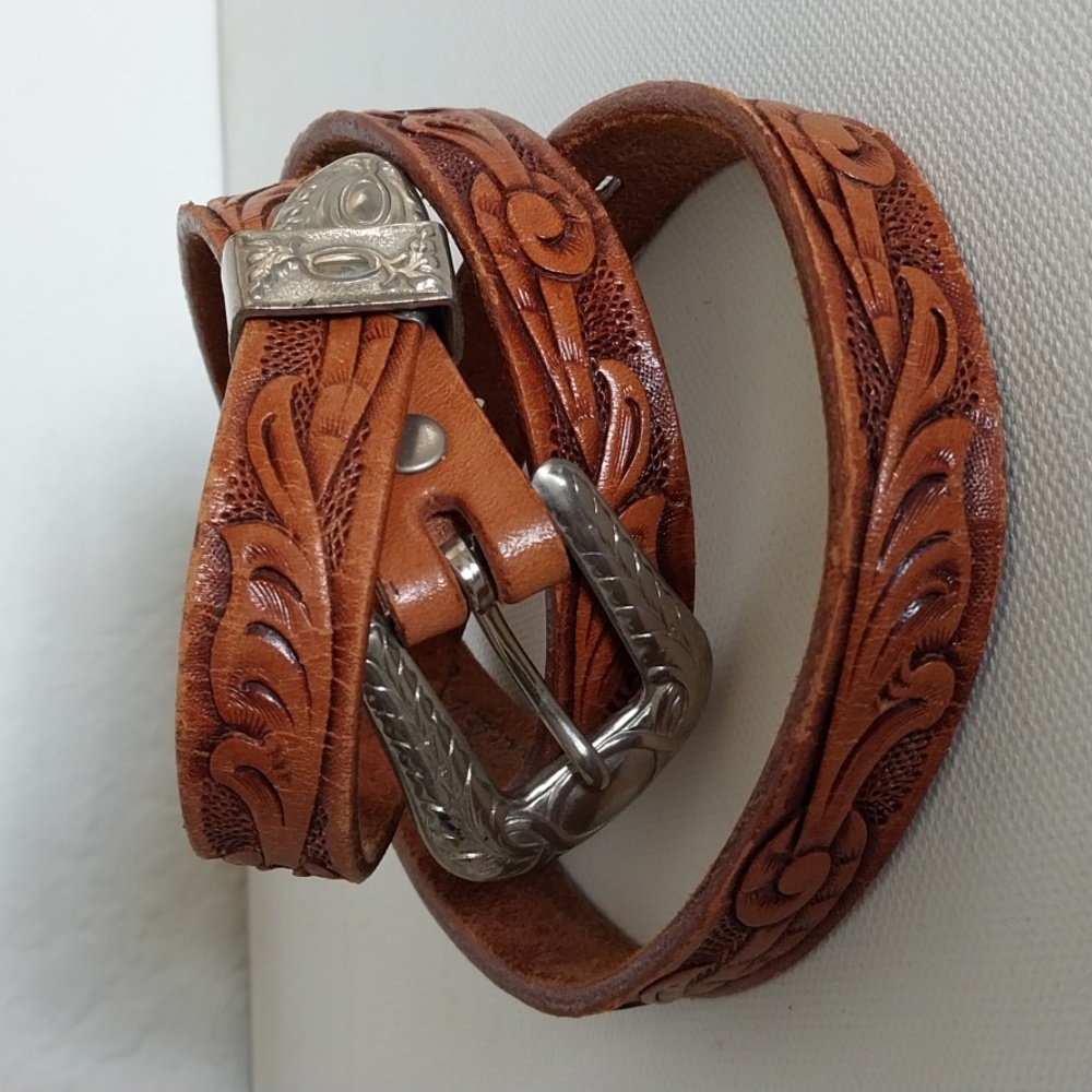 Western Wear Leather Belt Brown Tooled Silver Buckle Size Small 28"
